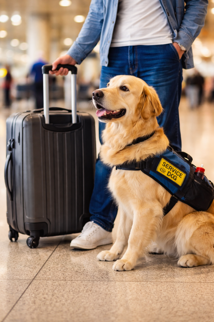 person traveling with a service animal in an airport