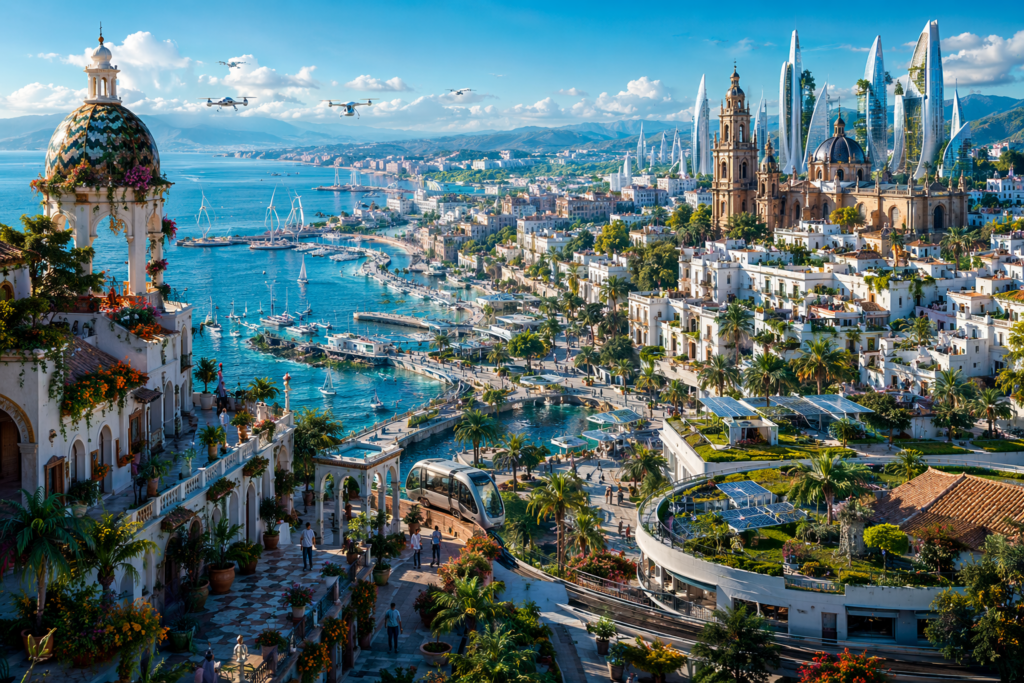 futuristic coastal smart city in Andalucia blending culture and modern technology