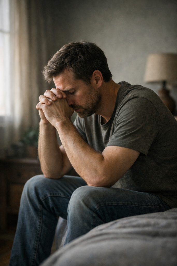 Man sitting in quiet reflection with hands clasped – representing internal struggle, survival instincts, and self-awareness