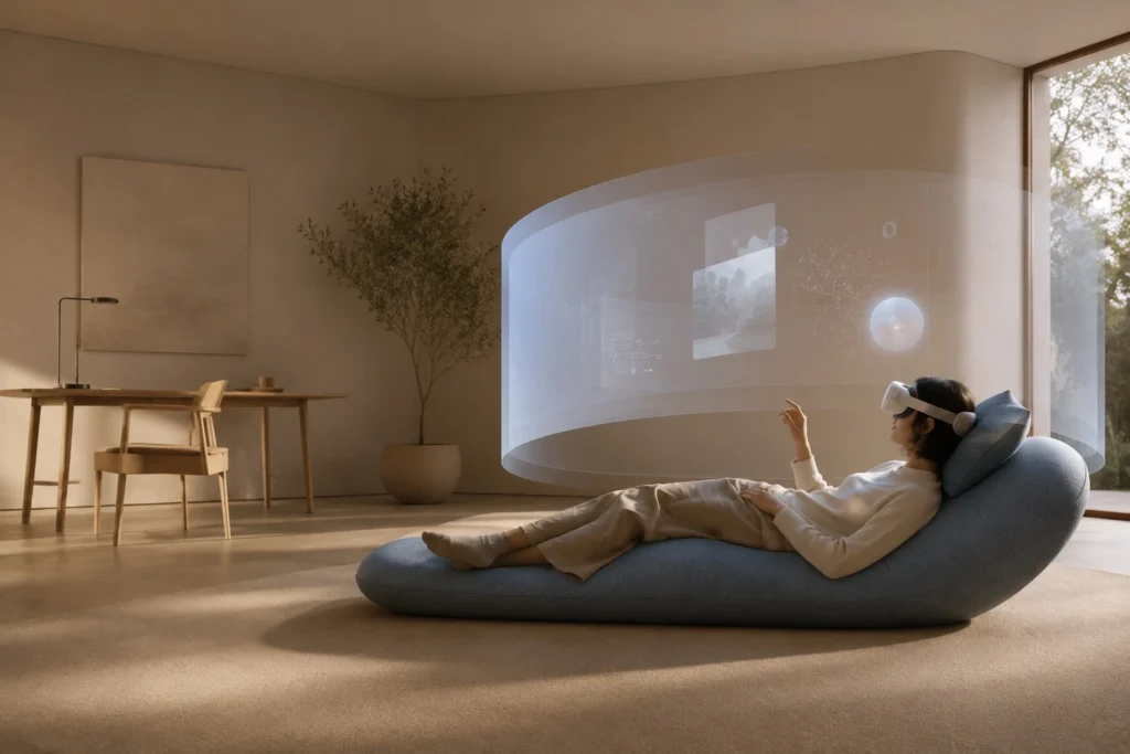 A person works in a relaxed reclined posture with a floating XR screen while a chair and desk sit unused in the background, suggesting a shift from furniture-first computing to body-first digital work.
