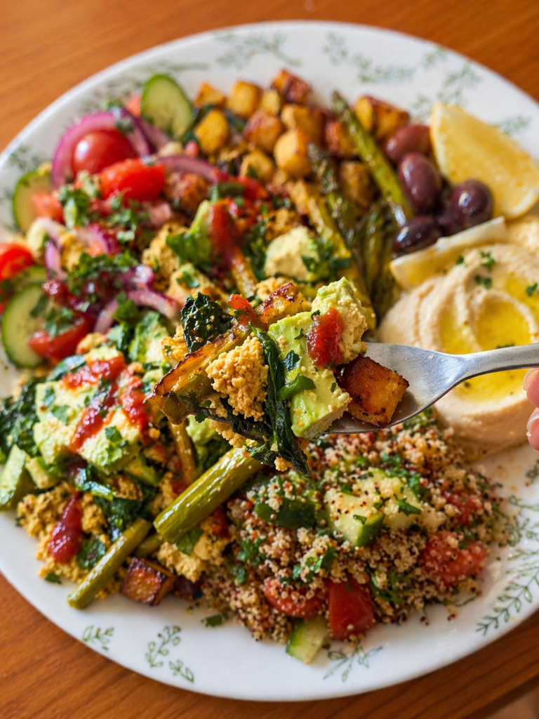 Vegan Mediterranean plate with fork ready to eat showing a real-world nutrition system in southern Spain
