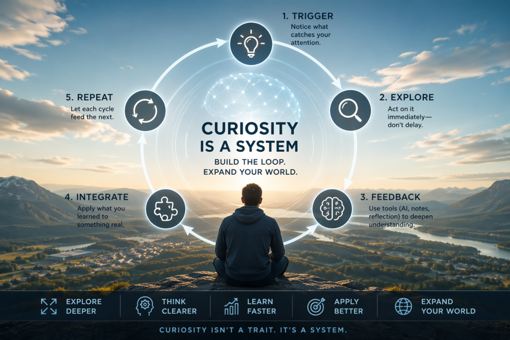 Curiosity is a system loop diagram illustrating trigger explore feedback integrate repeat process and structured learning growth
