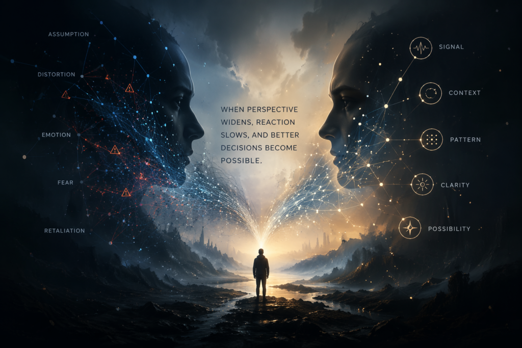 AI conflict resolution concept showing opposing perspectives moving from distortion to clarity