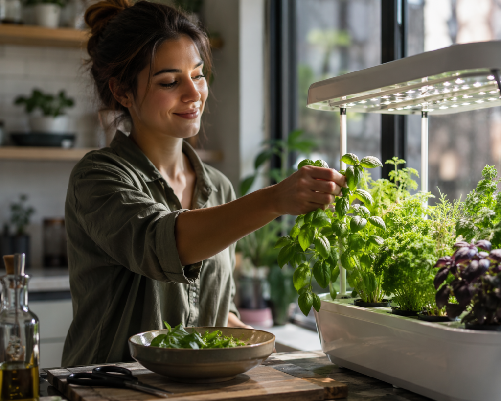 Person harvesting fresh herbs from a kitchen hydroponic grow system in a sunlit urban home