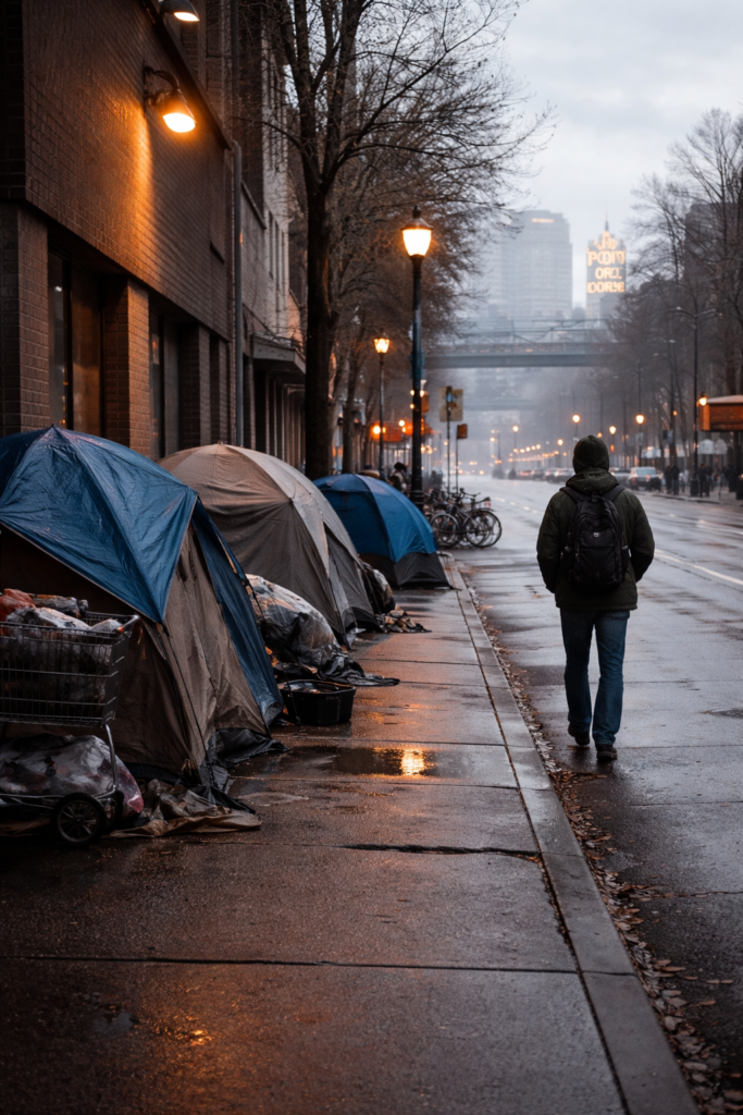 Overcast Portland street with tents along a sidewalk and a single person walking, illustrating urban systems strain and public reality