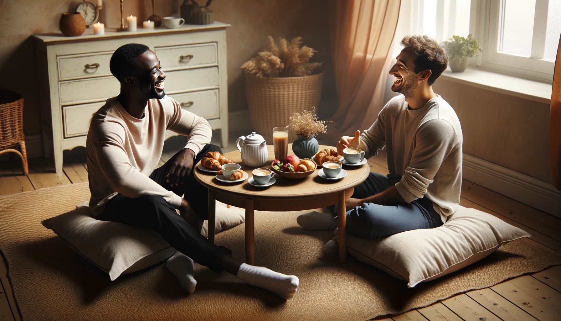 Two people sitting on floor cushions at a low table – example of floor living and natural posture