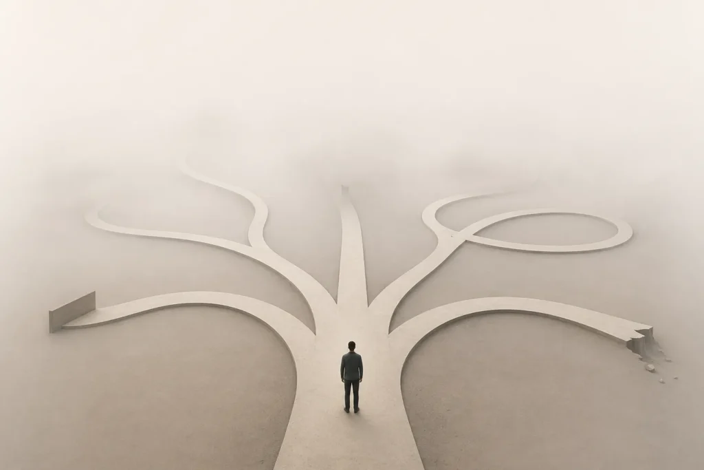 Branching paths showing multiple possible outcomes instead of a single fair result