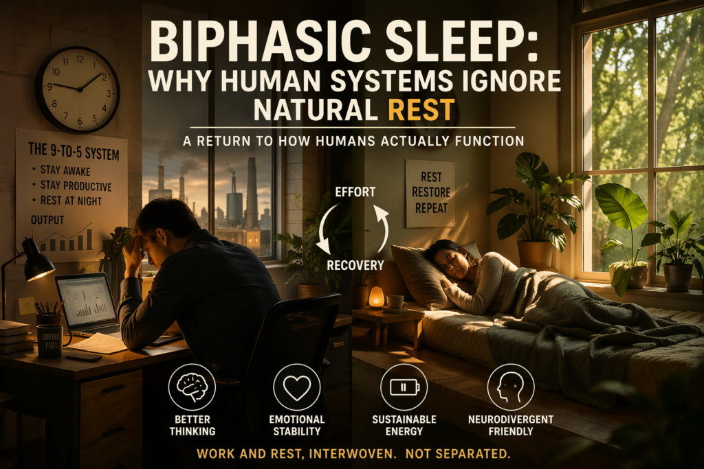 Split scene contrasting overworked office environment with peaceful daytime rest, illustrating biphasic sleep and human-aligned energy cycles.