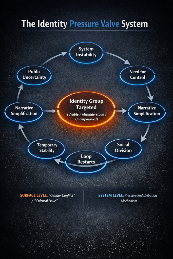 Identity conflict system loop diagram showing how instability leads to targeting and division