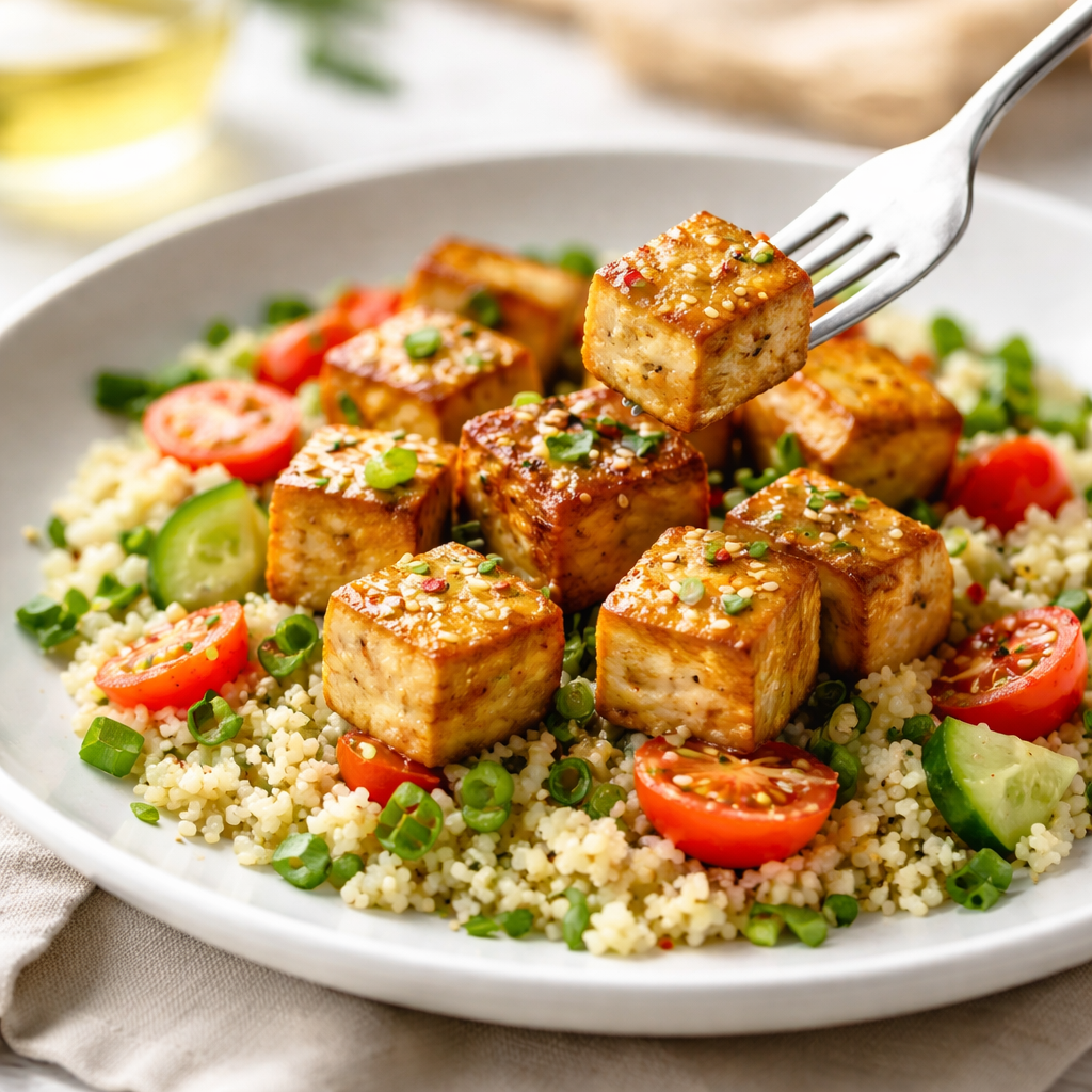 Mediterranean vegan tofu plate showing tofu as simple everyday food without hormonal impact