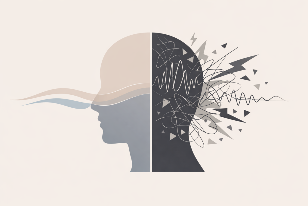 Human response to stress illustrated as a silhouette with calm signals on one side and chaotic sensory overload on the other