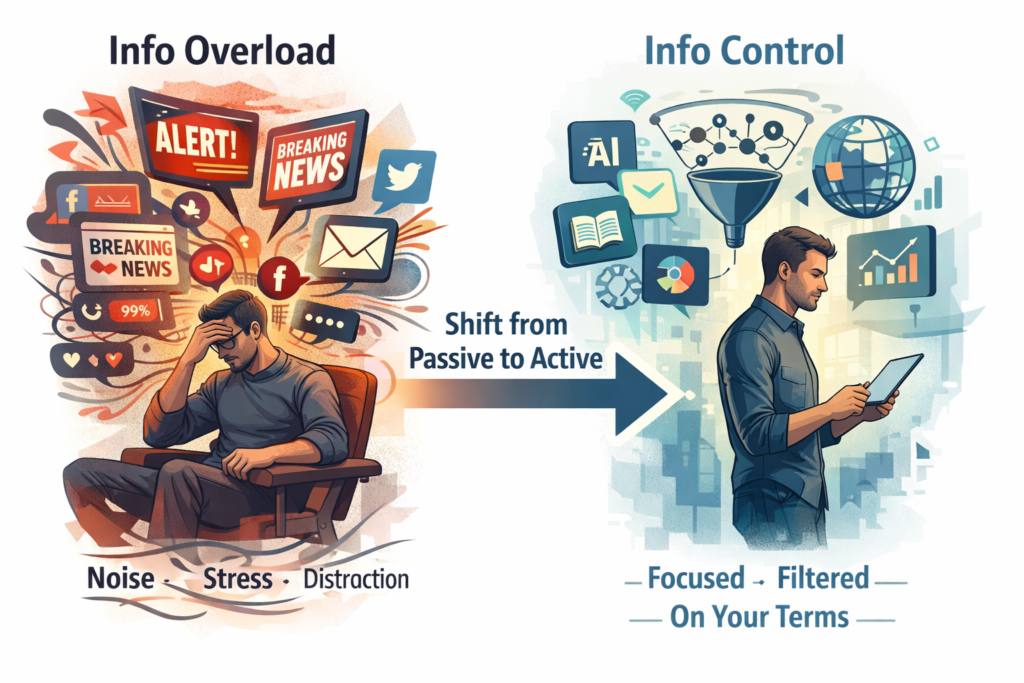 Control of your information intake system using AI to filter news overload into clear, focused understanding