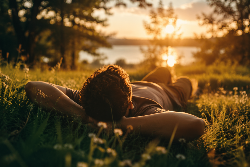 A relaxed person lying in grass at sunset, symbolizing rest and a reframe of the idea of wasted time.
