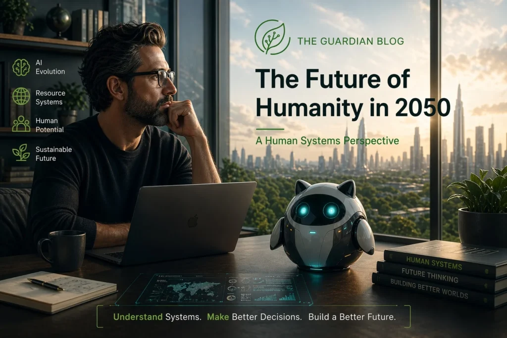 A man in a modern workspace overlooking a futuristic city, with an AI Guardian assistant on his desk, illustrating the future of humanity in 2050 through human systems, technological evolution, and sustainable resource design.
