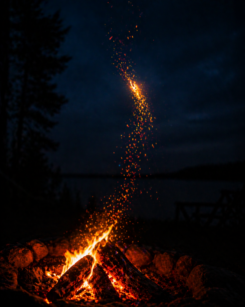 A single ember spark rising from a campfire into the dark night, symbolizing individuality and separation from the group