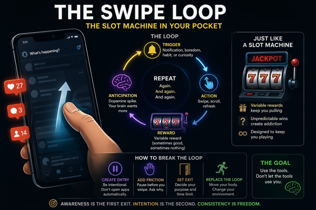 This infographic illustrates the Swipe Loop, a behavioral system used by digital platforms to maintain user engagement. It shows the cycle of trigger, action, reward, and repetition, similar to a slot machine. The visual also explains key mechanisms such as variable rewards, low-effort interaction, and lack of stopping points. Practical strategies are included to help users break the loop, including intentional app use, adding friction, setting exit conditions, and replacing the behavior with physical movement.