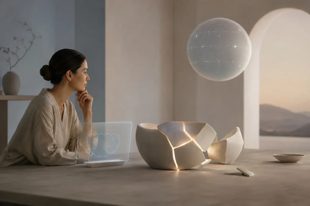 A minimalist editorial image showing a calm human figure observing a softly fractured abstract model or ceramic form on a table. A few pieces are gently separated, revealing thin warm light lines where the structure can be corrected and reassembled. The figure is not distressed; they are studying the mismatch with clarity. In the background, a faint Guardian-like sphere observes passively, suggesting adaptive feedback without control. Soft beige, muted blue-gray, warm neutral light, subtle XR interface glow, lots of negative space, no text, no logos, no infographic, no dramatic broken head, no motivational poster style.
