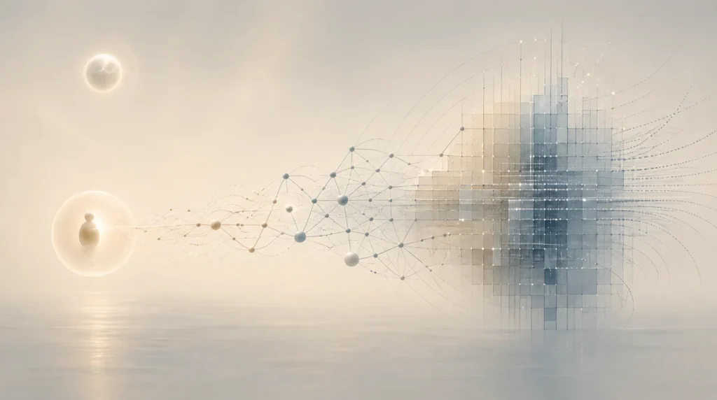 Conceptual illustration of personal sovereignty showing a small human node maintaining autonomy while connected to a larger expanding system network.
