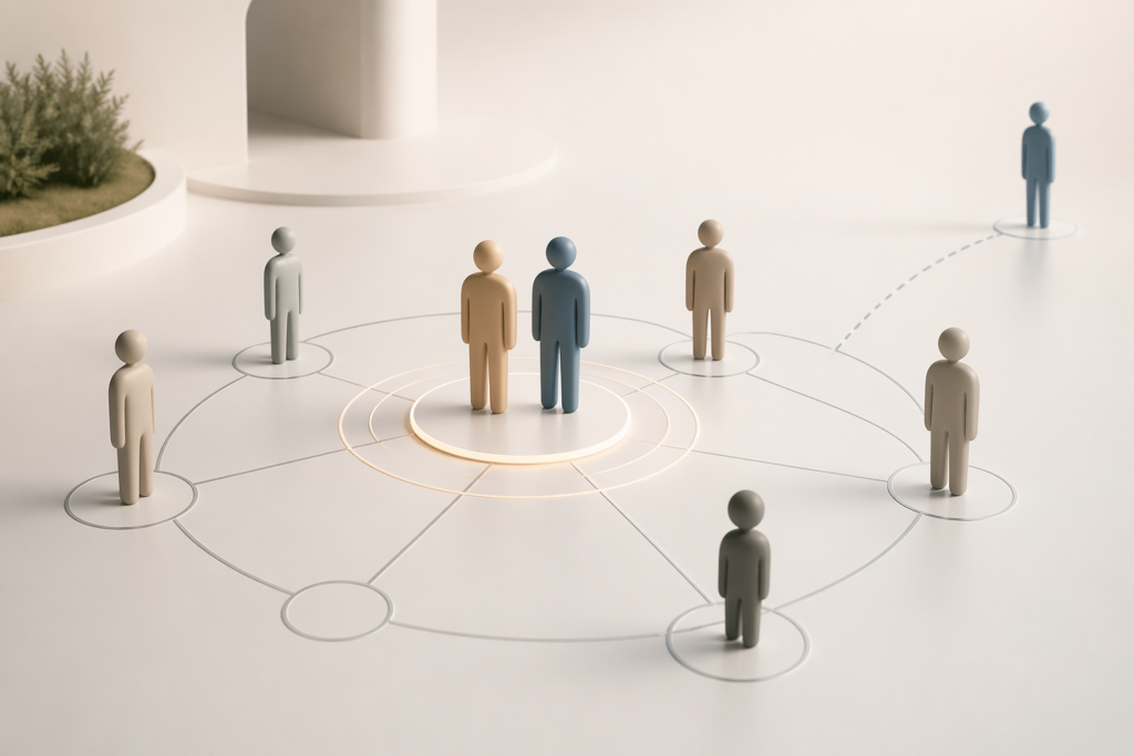 Conceptual illustration of a human social system where two central figures form a new relationship center while others are repositioned farther away, representing structural distance in relationships.
