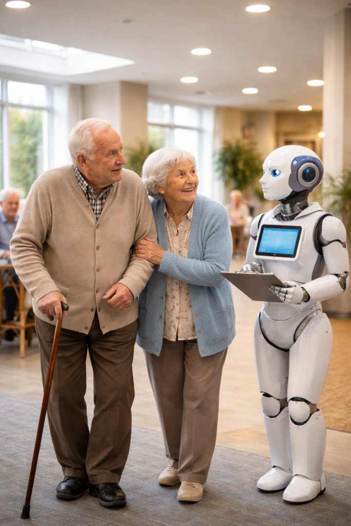 elder care robot assisting elderly couple in care facility