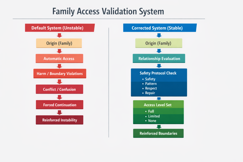Diagram comparing two family access systems: one where family origin leads to automatic access and repeated harm, and a second where family relationships must pass safety checks before access is granted.