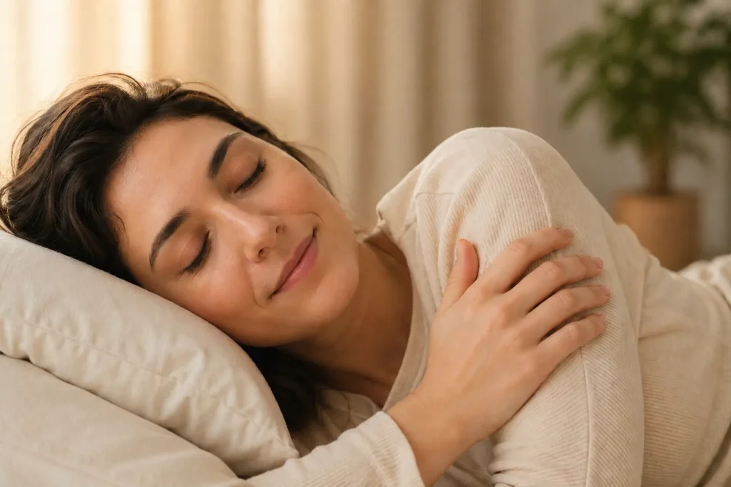A calm person lying down, gently holding their shoulder or arm with one hand using a soft, relaxed touch. Their face is peaceful and at ease, eyes closed or softly focused. The lighting is warm and natural, conveying safety and calm. The hand is not applying pressure, only lightly resting as support. Minimal background, clean and soft tones.