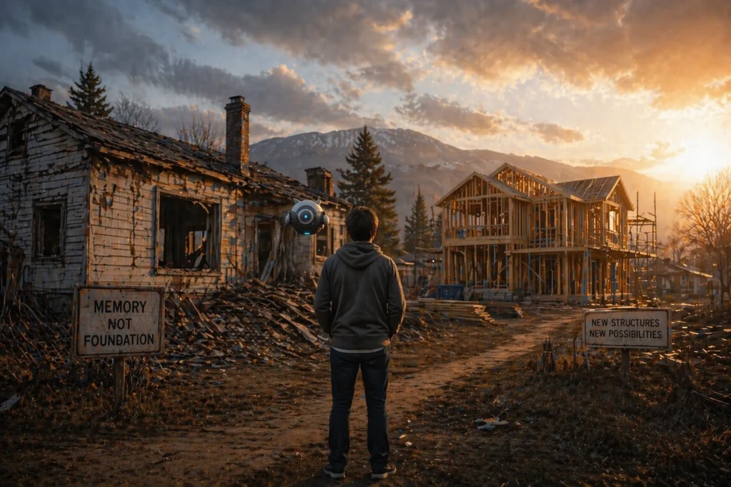 Person observing old and new home structures with AI guardian, representing human adaptation to change