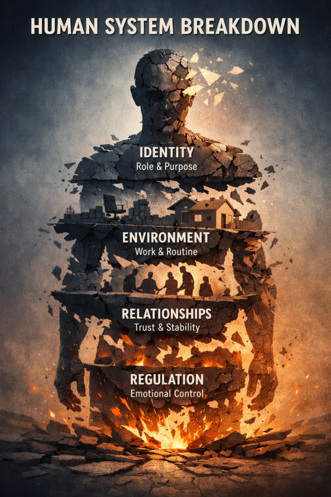 Human system breakdown showing identity, environment, relationships, and regulation collapsing as self-regulation fails
