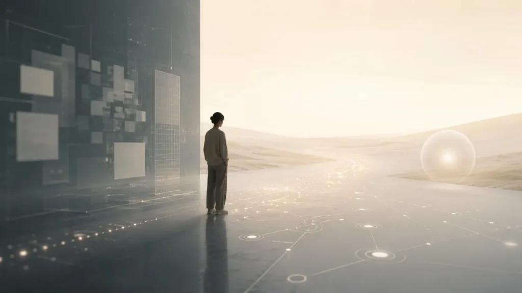 Abstract Human Systems illustration showing a quiet figure moving through a soft institutional grid toward clearer light, representing direct testing, self-trust, and replacing imposed limits with evidence.
