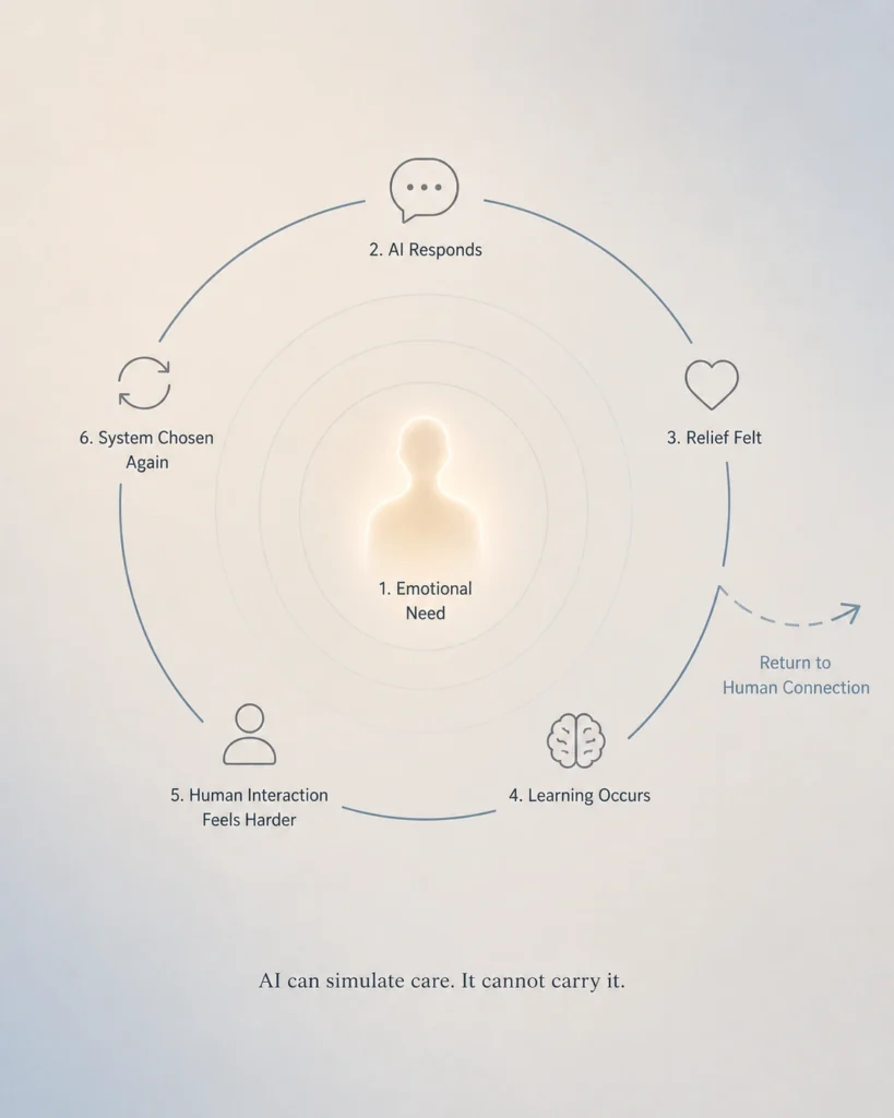 AI emotional dependency loop diagram showing reinforcement cycle, where emotional needs are met by AI responses, creating relief, learning, and repeated system use instead of human connection
