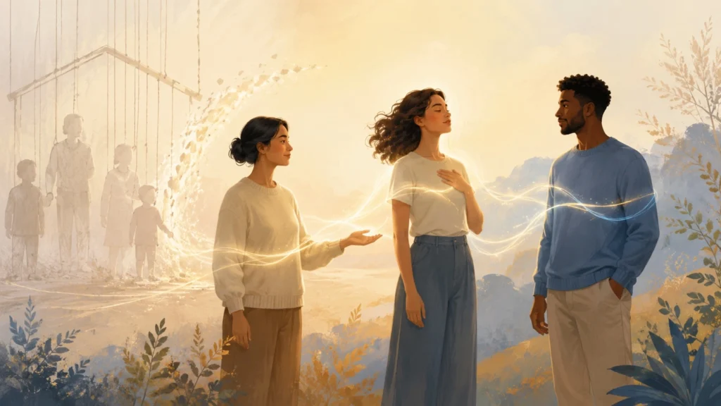 Illustration of people connected by soft light while standing independently, symbolizing support without control and belonging without obedience.