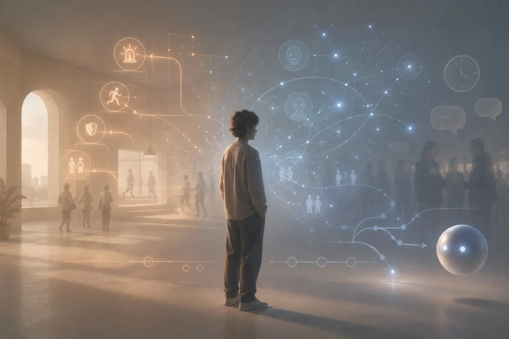 A calm human figure stands in a soft XR environment where delayed meaning forms as blue-gray light patterns, showing autism, delayed processing, and human systems that respect different timing.