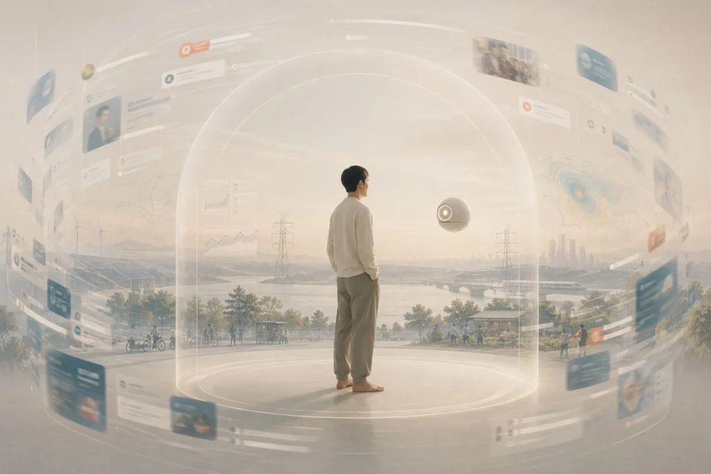 A calm human figure stands inside a protected attention space while digital feeds and notification systems swirl outside the boundary.
