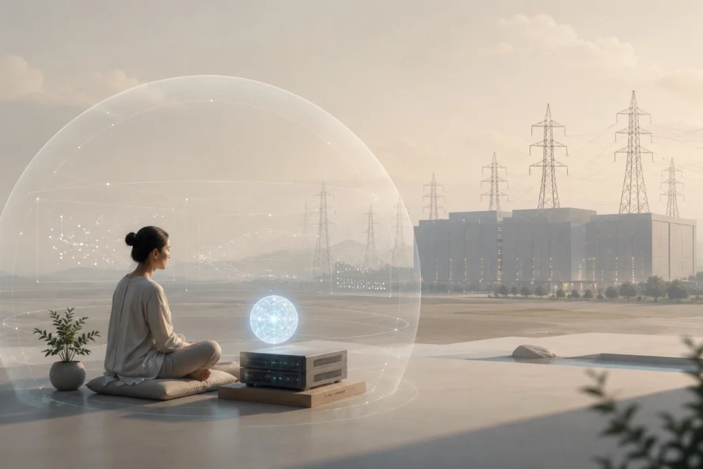 A calm person works beside a small Guardian AI sphere and local server while a distant data center and power grid represent energy-heavy AI infrastructure.
