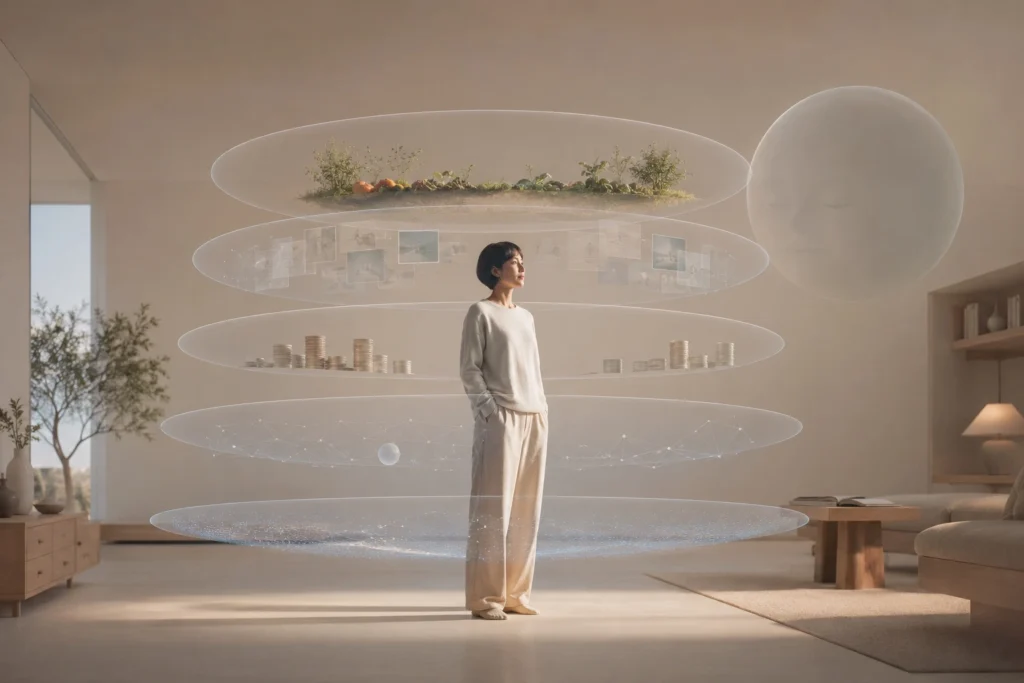 A calm person stands in a quiet room surrounded by soft translucent layers representing food resilience, local memory, debt reduction, AI boundaries, and digital sovereignty.