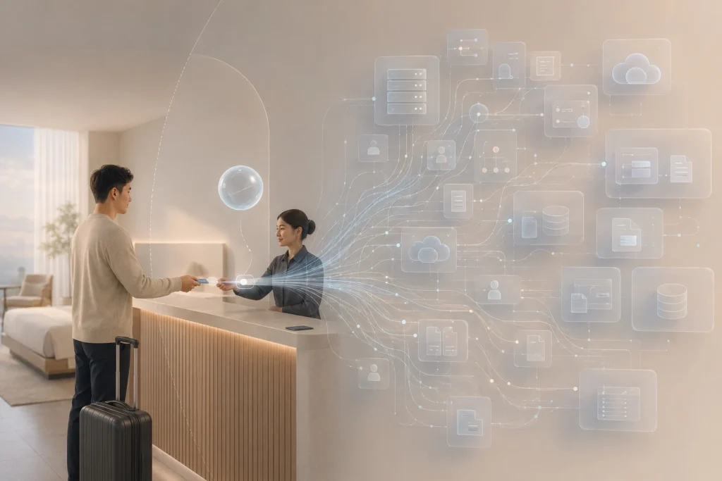 A minimalist XR-style image of a traveler checking into a hotel while one small identity document expands into many faint digital pathways, showing how temporary access can create long-term data exposure.
