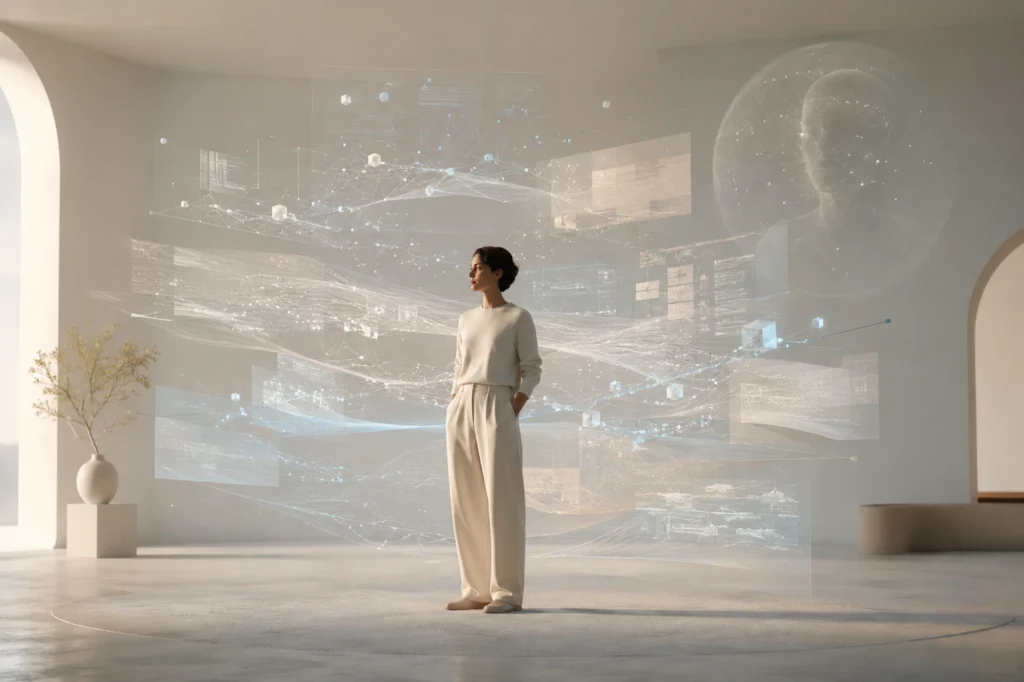 Calm human figure standing peacefully inside a softly lit minimalist space while translucent layers of abstract AI systems, infrastructure signals, and flowing digital information surround them without overwhelming them, symbolizing human stability within accelerating complex systems.