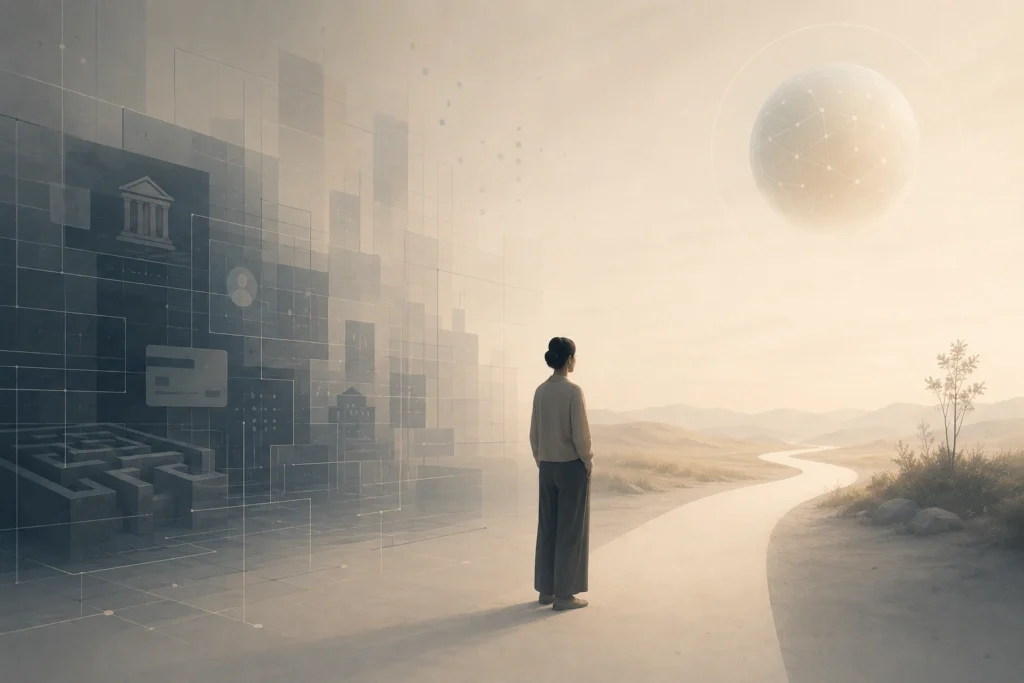 A quiet figure stands between an abstract financial maze and an open path, representing the difference between system pressure and personal financial relief.
