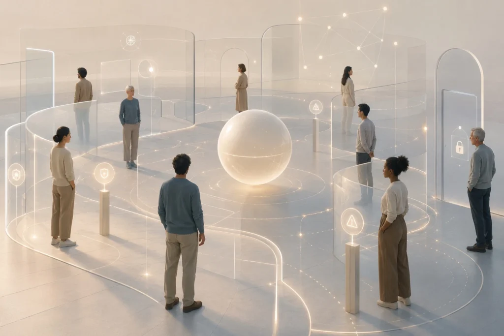 Transparent human system with safeguards, shared boundaries, and a Guardian sphere representing accountability, empathy variation, and protection from exploitation.
