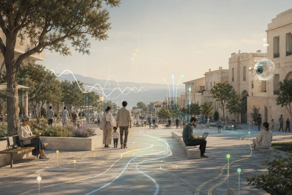 Minimalist XR editorial image of a calm Mediterranean city showing emotional livability, safer destinations, and human systems signals.

