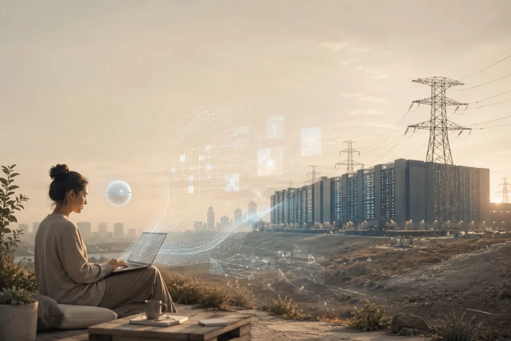 A calm human figure works beside a small Guardian-like AI sphere while a distant data center and electrical grid represent the growing AI power grid problem and the need for smarter, lower-energy software.
