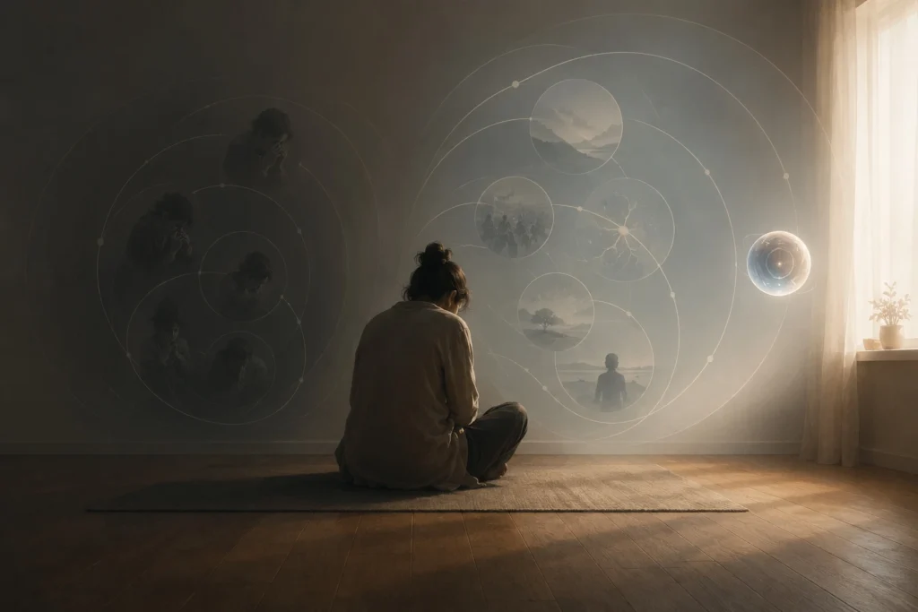 A quiet person sits alone in a dim room as dark circular loops open into softer XR-like context lines and a small Guardian sphere observes from the light.