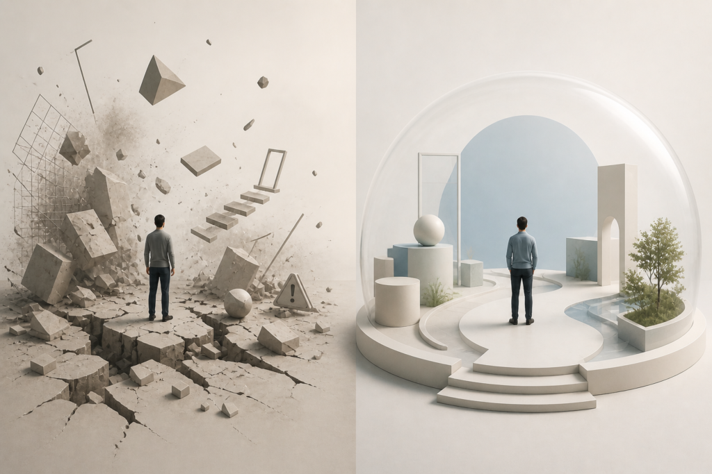 A minimalist conceptual illustration comparing unstable and secure human systems. One person stands among fragmented structures and unclear paths, while another stands within a calm, balanced environment with clear pathways and stable support.

