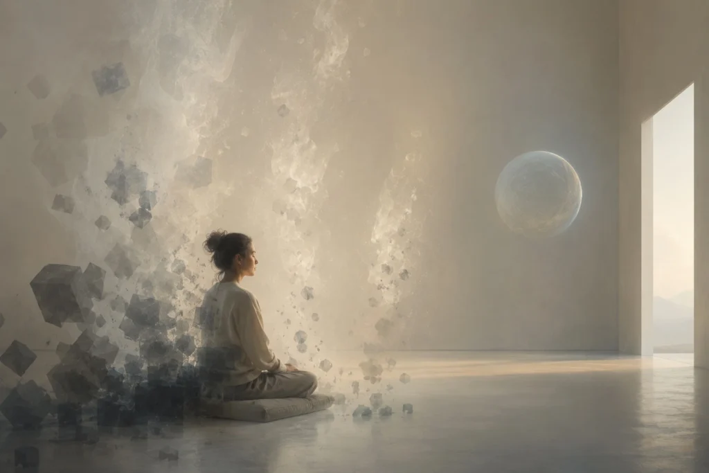 Minimalist scene of a calm person surrounded by dissolving abstract pressure, representing the body adjusting to stability after long stress.