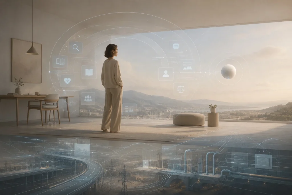 A minimalist XR-style image showing a calm human figure surrounded by subtle digital infrastructure layers, with a small Guardian-like sphere nearby. The image represents artificial intelligence becoming part of the invisible systems that shape daily life, while keeping human autonomy at the center.
