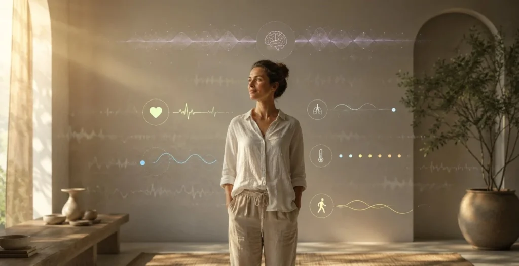 Calm person surrounded by filtered body monitoring signals, showing privacy-first interpretation instead of overwhelming data alerts.
