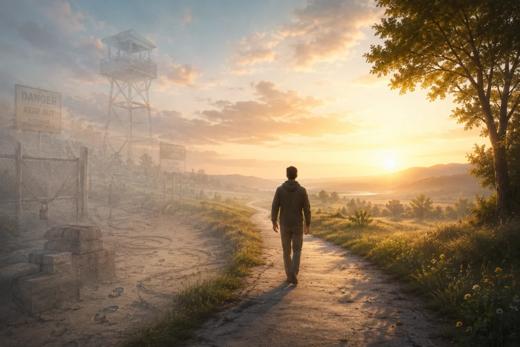 Person walking toward sunrise while old protective structures fade behind them, symbolizing outdated protection loops and human systems adaptation.