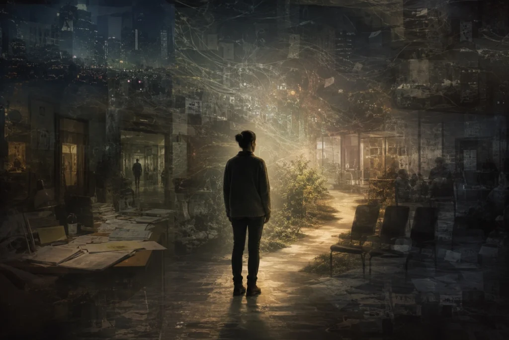 A person stands in a quiet symbolic space where many unclear paths are hidden by fog and noise, while one calm path ahead becomes visible.