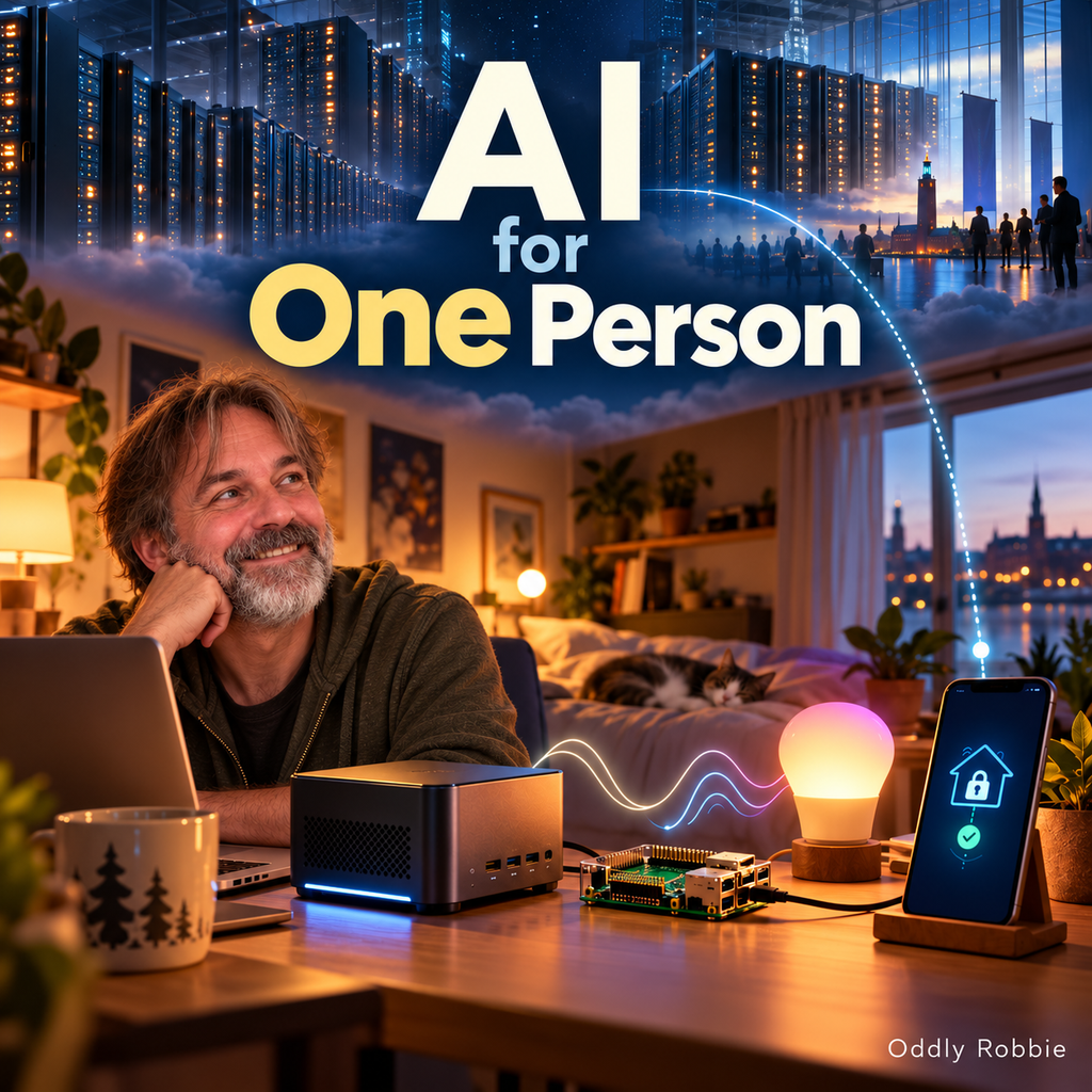 AI for One Person: an illustration connecting large server rooms with a personal home setting.