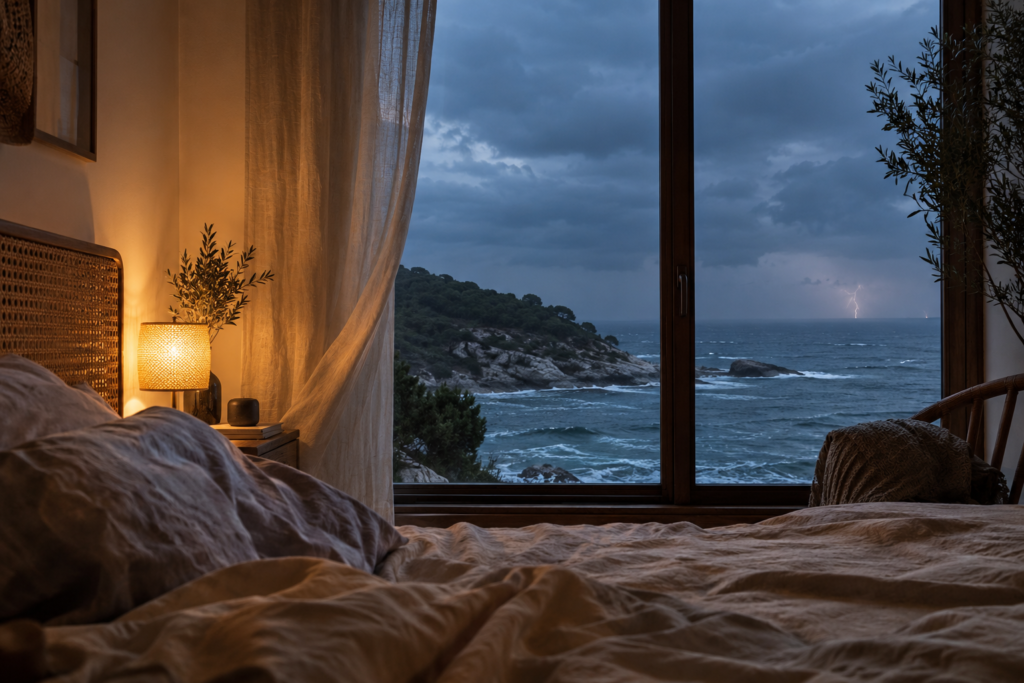 Warmly lit bedroom with a bedside speaker overlooking a choppy sea and distant lightning.